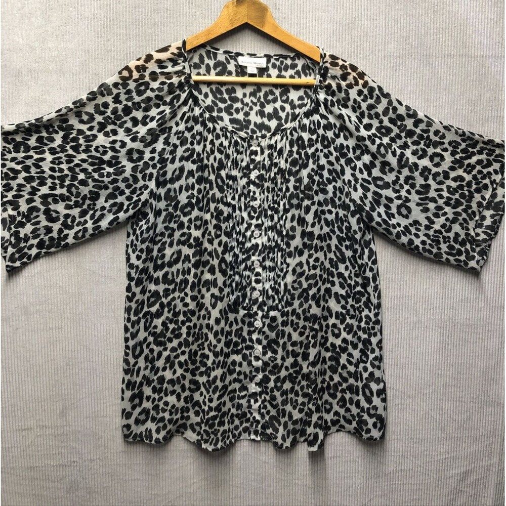 Studio Works Blouse Size 1X Sheer Animal Print White Black Mob Wife Aesthetic